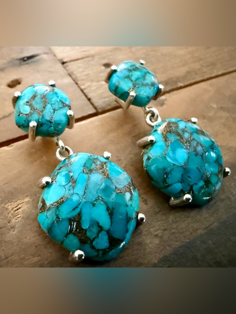 VINTAGE PTI 925 STERLING SILVER TURQUOISE DOUBLE STONE DROP DANGLE EARRINGS